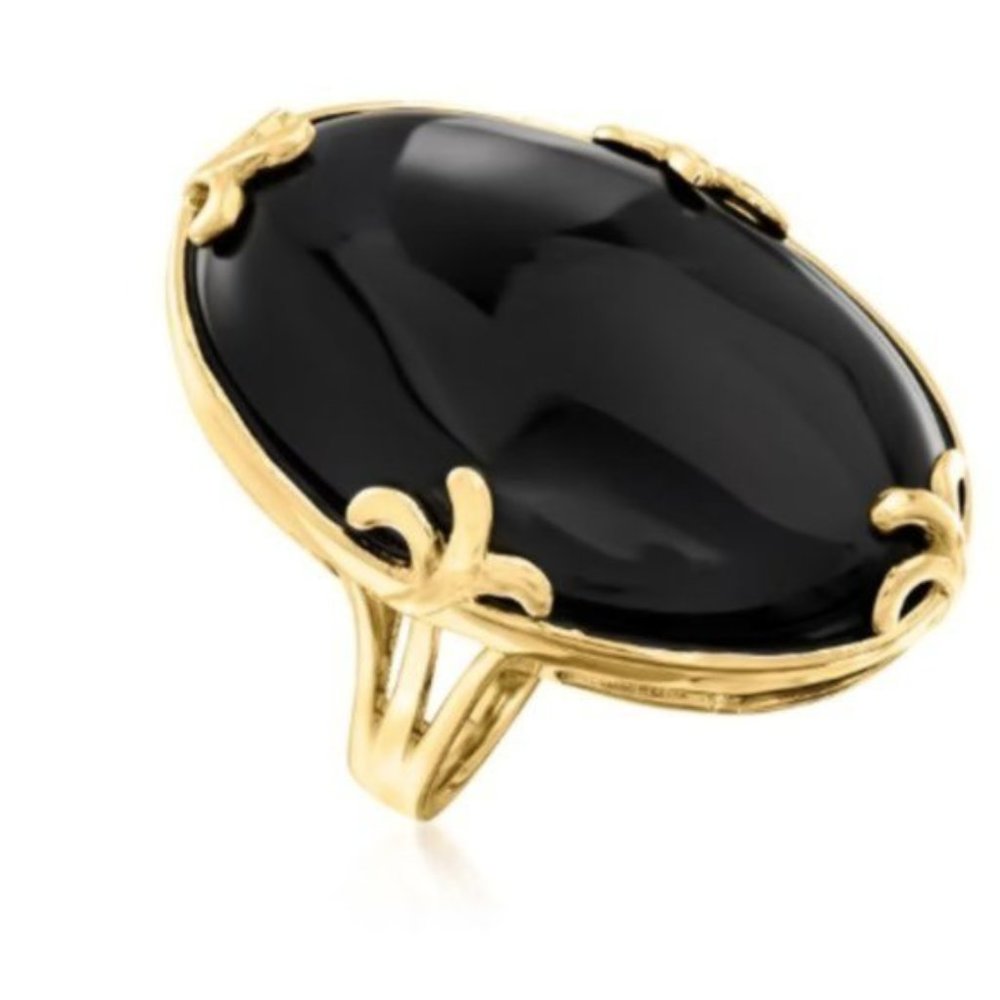 925 Sterling Silver Genuine Black Oval Agate Ring 18 K Gold Plated  Sz.7